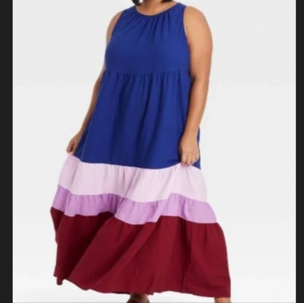 New Ava & Viv Blue Pink Purple Maroon Colorblock Sleeveless Maxi Dress